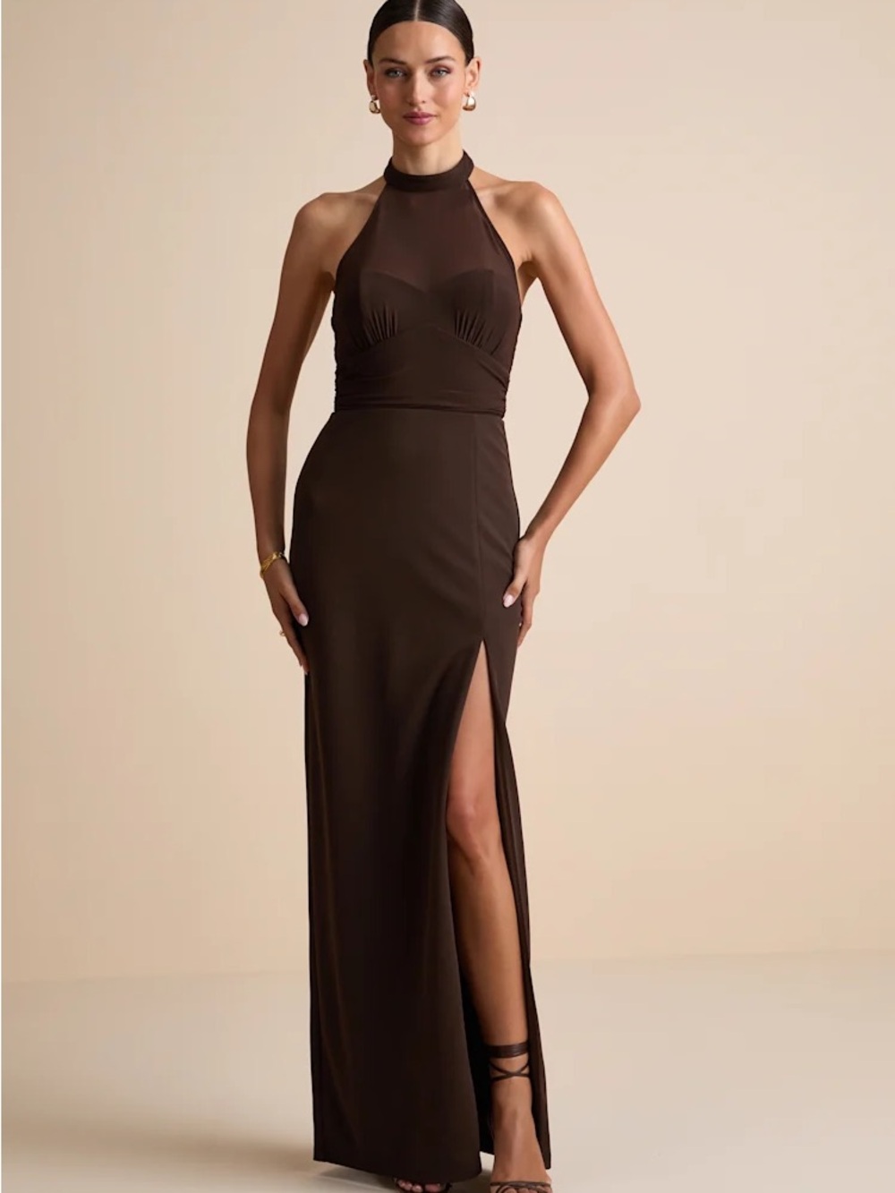 Baani Dark Brown Column Halter Maxi Dress